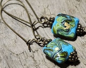 Handmade Blue Earrings, Square Lampwork Earrings, Boho Bead Earrings, Dangle Earrings for Women, Handmade Jewelry Turquoise