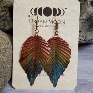 Colorful Leaf Earrings Dangle | Rustic Fall Earrings | Boho Reds & Blues Dangle Earrings | Beautiful Copper Earrings | Cute, Lightweight