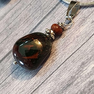 Green Bloodstone Tumbled Stone Necklace Silver Chain, Minimalist India Bloodstone Pendant Handmade Protection Amulet Jewelry