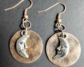 Copper Moon Earrings, Copper Two Tone Earrings, Circle Earrings, Man In The Moon Earrings, Copper Disc Earrings