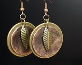 Mixed Metal Earrings, Copper Earrings, Circles Drop Earrings with Leaf, Bronze Earrings, Cold Joined Jewelry, Layered Earrings
