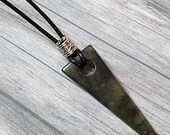 26 Inch Mens Leather Necklace, Triangle Stone Arrow Pendant on Black Leather Cord. Moss Agate