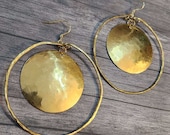Extra Large Gold Disc Earrings, 58mm Hoop Earrings, Hammered Brass Circle Earrings, Round Dangle Earrings