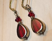 Red Glass Teardrop Earrings, Gold Transparent Red Glass Earrings, Elegant Red Earrings, Brass, Boho, Deep Red, Goth Blood Red