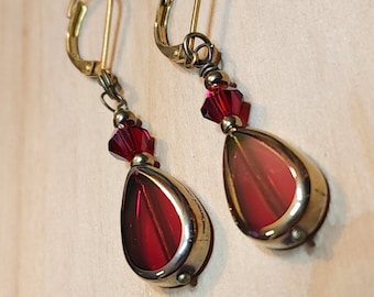 Red Glass Teardrop Earrings, Gold Transparent Red Glass Earrings, Elegant Red Earrings, Brass, Boho, Deep Red, Goth Blood Red