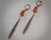 Long Teardrop Earrings, Copper Red Jasper Earrings, Stone Beaded Dangle Earrings