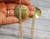 4 Inch Long Bronze Earrings, Circle Disc Hammered Domed Round Dangle Earrings with Chains, Lightweight Earrings