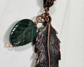 Copper Feather And Green Bloodstone Leaf Necklace 26 Inches | India Bloodstone Pendant Witch Jewelry