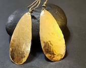 Large Brass Earrings, 3 Inch Hammered Gold Teardrop Dangle Earrings, Big Huge Earrings