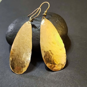 Large Brass Earrings, 3 Inch Hammered Gold Teardrop Dangle Earrings, Big Huge Earrings