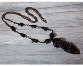 Black Obsidian Arrowhead and Black Onyx Necklace For Men, 28 Inch Beaded Chain, real Protection Stone