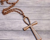 Long Copper Ankh Pendant Necklace, Long Copper Layering Necklace, Long Boho Necklace