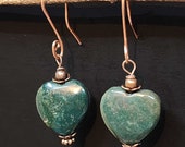 Handmade Bloodstone Heart Earrings, Copper Green  Bead Earrings Heliotrope