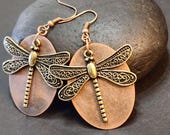 Copper Oval Earrings with Dragonfly Charms, Cottagecore Mixed Metal Earrings, Dangle Earrings, Antiqued Bronze Dragonflies