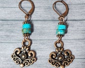 Small Boho Earrings, Turquoise Earrings, Copper Earrings, Blue Dangle Drop Earrings, Antiqued Copper Jewelry