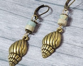 Cute Boho Sea Shell Earrings, Rustic Beach Earrings, Dangle Sea Earrings, Little Ocean Earrings, Bronze Seashell Earrings