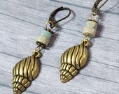 Beachy Sea Shell Earrings, Rustic Ocean Earrings, Dangle Sea Earrings, Little Beach Earrings, Bronze Seashell Earrings