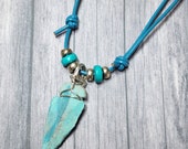 Blue Arrow Head Pendant Necklace, Tribal Leather Necklace for Men, Maori style, Unisex surfer necklace, Shaman Reiki Amulet Turquoise