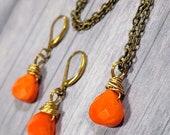 Orange Teardrop Earrings and Necklace, Artisan Earrings, Antiqued Bronze Boho Dangle Earrings Czech Glass