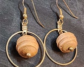 Boho Wood Hoop Earrings, 25mm Circle Earrings with Wood Beads, Cottagecore Round Dangle Earrings