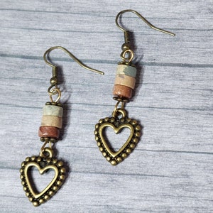 Southwestern Heart Earrings, Rustic Cute Boho Dangle Heart Earrings, Little Heart Earrings, Bronze Heart Earrings, Turquoise