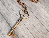 Long Copper Key Pendant Necklace, Long Copper Layering Necklace, Large Pendant Long Boho Necklace