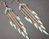 Long Feathers Earrings, Boho Chain Earrings, Copper Earrings, Turquoise Earrings for Women, Bohemian Jewelry 3.5 Inches