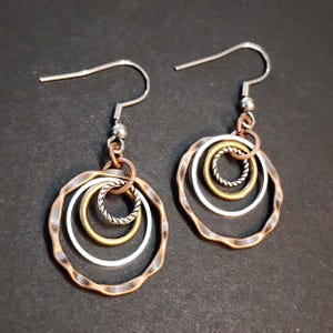 Mixed Metal Hoop Earrings, Circles Dangle Earrings, Womens Earrings
