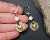 Small Pearl Earrings, Rustic Bronze Heart Earrings, Handcrafted Dangle Earrings