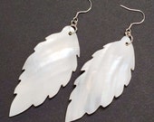 3.5 Inch Long Feather Earrings, Large Boho White Shell Earrings, Lightweight Earrings, Large Leaf Earrings