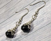 Small Faceted Black Tourmaline Earrings, Silver Dangle Earrings, Stainless Steel Hooks