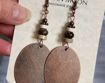 3 Inch Terra Jasper Earrings, Long Bohemian Oval Copper Earrings, Earthy Jewelry, Large Copper Dangle Drop Earrings, Dragons Blood Green