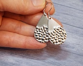 Steel Teardrop Earrings, Half Hammered Pebble Dangle Earrings, 1.75 Inch Silver Minimal Silver Earrings