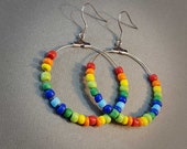 Colorful Rainbow Beaded Hoop Earrings, 40mm Large Hoops, Boho Lightweight Earrings, Stainless Steel Earrings, Hypoallergenic