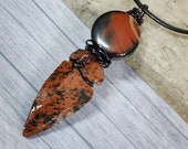 Mahogany Obsidian Arrowhead and Red Agate Necklace on Black Adjustable Length Leather Cord