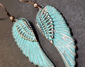 Large Boho Wing Earrings, Long Turquoise Angel Wings, Copper Earrings, Bohemian Jewelry