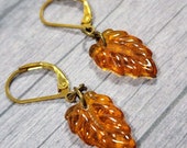 Topaz Glass Leaf Earrings Necklace, Artisan Earrings, Antiqued Bronze Boho Dangle Earrings