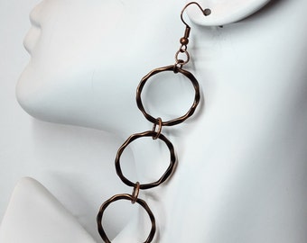 Boho Long Copper Circle Earrings, Trendy Triple Round Dangle Earrings