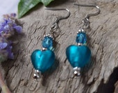 Turquoise Blue Heart Earrings, Silver Heart Earrings, Lampwork Glass Earrings, Dangle Earrings, Handmade Earrings, Small Earrings