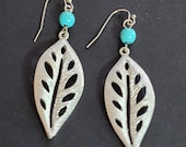 Silver Leaf Earrings, Dangle Earrings, Turquoise Accent Bead, Drop Earrings