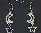 Silver Moon Star Dangles, Stainless Steel Earrings, Hypoallergenic Earrings, Simple Earrings, Minimalist Drop Earrings, Celestial Earrings