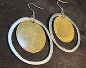 Extra Large Brass and Silver Hoop Earrings, 51mm Wonky Circles and Discs Dangle Earrings