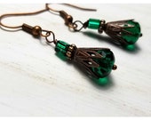 Victorian Green Earrings, Boho Copper Emerald Green Glass Bead Earrings Boho Dangle Earrings for Women May Birthstone Vintage Style