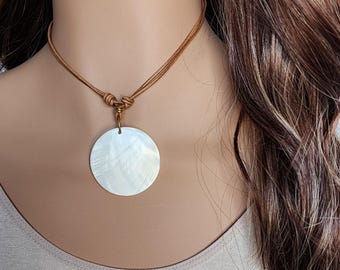 Large White Shell Pendant 44mm with Adjustable Brown Cord, Boho Beach Style Layering Necklace Shell Choker