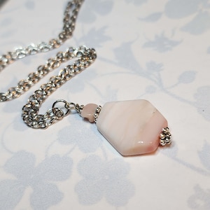 Natural Pink Opal Necklace, Handmade Semi Faceted Asymmetrical Stone Pendant, Silver Wire Wrapped Pink Pendant
