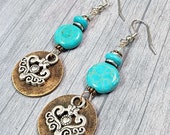 Copper Boho Earrings, Turquoise Earrings, Blue Dangle Drop Earrings, Antiqued Copper Jewelry, Mixed Metal Dangle Earrings, Circles