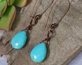 Long Turquoise Earrings, Copper Teardrop Earrings, Boho Earrings, Trendy Dangle Earrings