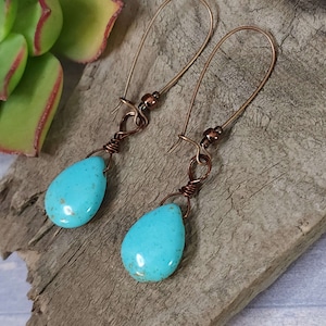 Long Turquoise Earrings, Copper Teardrop Earrings, Boho Earrings, Trendy Dangle Earrings