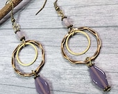 Purple Drop Earrings, Purple Glass Jewelry, Copper Dangle Earrings, Artsy Earrings, Copper Drop Earrings, Czech Glass Earrings, Mixed Metals