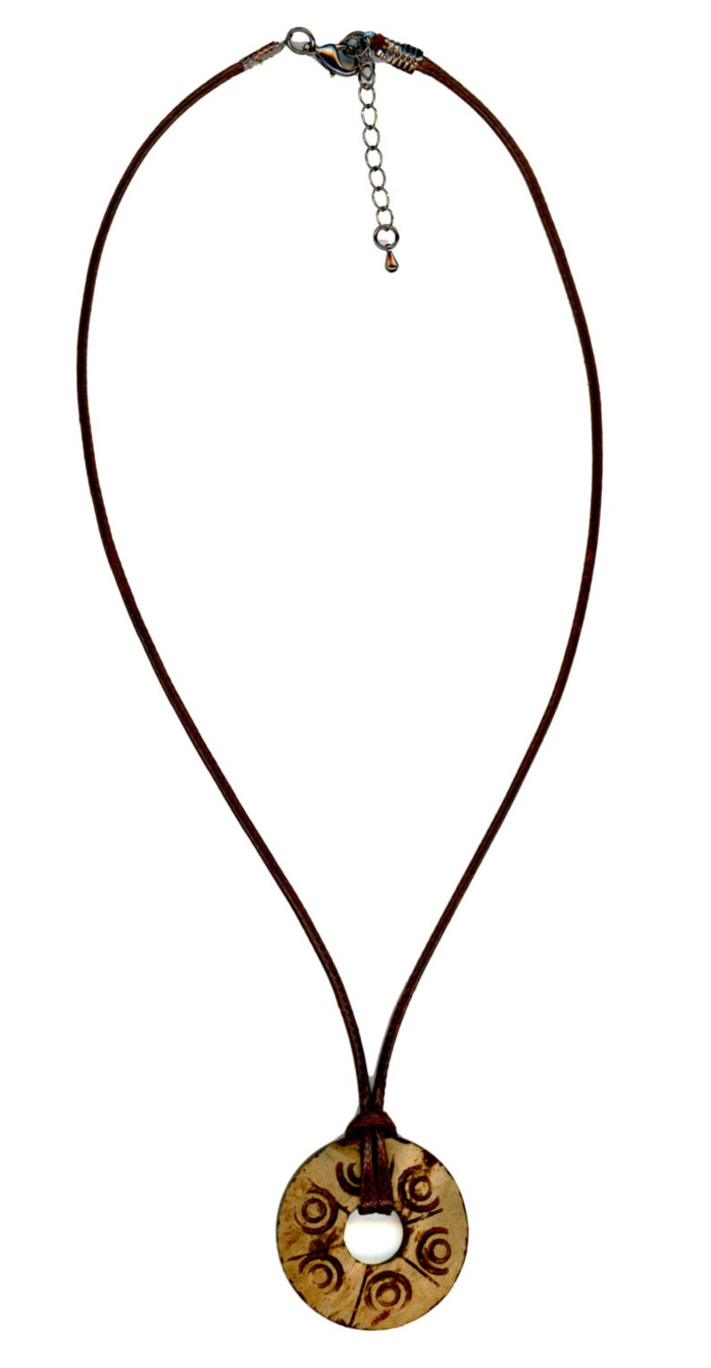 Urban Moon Carved Medium Brown Coconut Donut Necklace 20-22 Inches Linen Cord